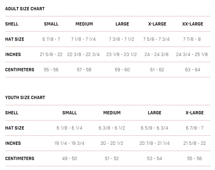 Size Chart GLX GX11 Helmet